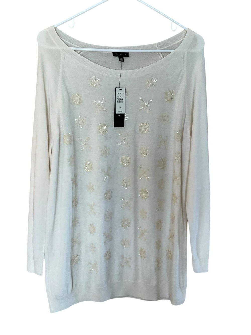 NWT Talbots Ivory Sequin Snowflake Lambswool Blend Sweater XL Holiday Winter
